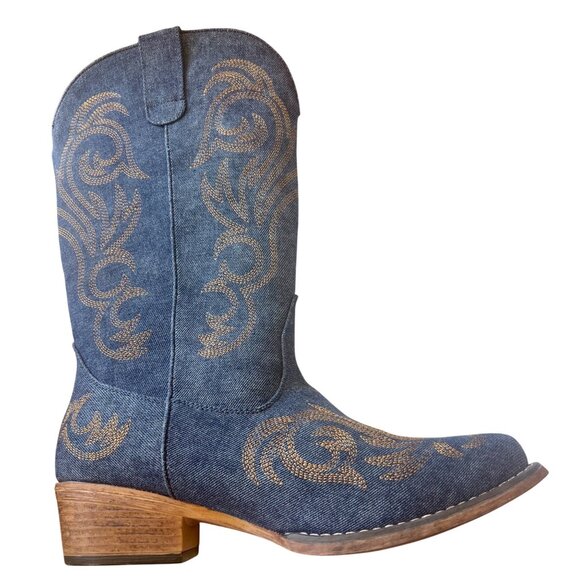 Roper Denim Embroidered Western Cowboy Boots Women’s Size 9 Blue Gold Stitch New - Picture 6 of 14
